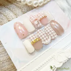 【現品】ネイルチップ　千鳥柄　ブラウン　ピンク