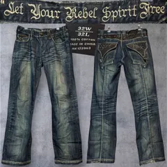 Rebel Spirit ワイドフレア ギミックデニム W32 L32 Y2K グランジ アーカイブ サイバー ロック 刺繍 スタッズ ブーツカット ベルボトム 00s 00年代 平成 ギャル男 お兄系 裏原 派手 178cm着用感◎ Affliction風