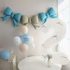 リボン型バルーン付き お誕生日風船セット　リボンコア　水色　ピンク　パープル