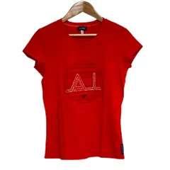 新品同様 ARMANI JEANS アルマーニジーンズ ロゴプリント Tシャツ サイズE40 レッド レディース 古着 中古 USED