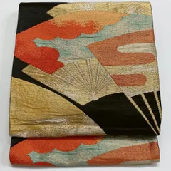 ［6288］袋帯 扇エ霞文様 金糸 六通 正絹 着物 フォーマル 黒