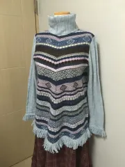 日本 ヴィンテージ はぐみ 森ガール ヒッピー ボヘミアン フリンジ ウール タートルネックニット カモメ
