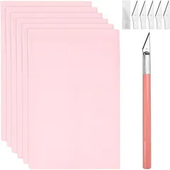 LEONTOOL 消しゴムハンコ 消しゴムはんこ キット 6個 柔らかい 切り絵彫刻ブロック 長方形 デザインナイフ付き 替刃5枚 DIY ハンドメイド 細工篆刻 手作り素材 クラフト用品 (ピンク,  長さ10cm 幅15cm 厚さ0.8cm)