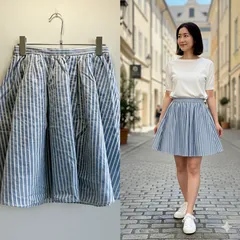 美品✨ リランドチュール Rirandture ひざ丈 スカート レディース ストライプ ギャザー フレア 裏地あり 綿混 シルク混 きれいめ 上品 ナチュラル オフィスカジュアル 日本製 青 ブルー ライトブルー