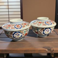 2客セット】古伊万里 金彩 蓋付き椀 人物文図 富貴春長 色絵 蓋物 汁椀