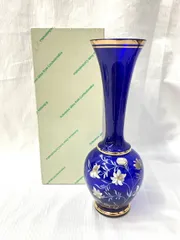 【箱付】BOHEMIA ボヘミアクリスタル ガラス製 フラワーベース 花瓶 青 ブルー系 花柄 アンティーク ゴールド インテリア 金彩 