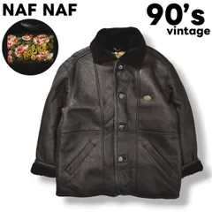 【美品】 90s ヴィンテージ ナフナフ NAF NAF 羊革 リアル ムートン レザー ジャケット 裏地 ボア ジャンパー ブルゾン ロゴプレート F ブラック アメリカン カジュアル ウェア レトロ レディース ♪