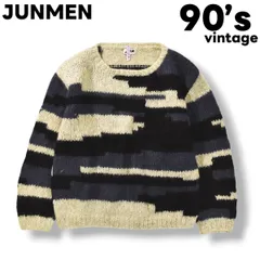 90s ヴィンテージ 旧タグ ジュンメン JUNMEN ウール ニット セーター クルーネック ビッグシルエット ルーズ オーバーサイズ L相当 総柄 ホワイト x ネイビー x ブラック デザイナー モード メンズ
