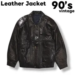 【美品】 90s ヴィンテージ 日本製 unknown 牛革 レザー ジャケット 革ジャン 裏地 キルティング 中綿 ジップアップ ブルゾン ジャンパー L相当 ブラック アメリカン カジュアル レトロ メンズ