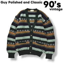 90s ヴィンテージ 日本製 Guy Polished and Classic 3D ニット セーター カーディガン ウール 立体編み ローゲージ M 総柄 マルチカラー 多色使い レトロ アメリカン カジュアル メンズ