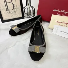 【 鑑定済み 】サルヴァトーレ フェラガモ 《 ヴァリナ 》 4 1/2 D (22cm程度 ) ブラック グレー ゴールド金具 レザー パンプス ヴァラ