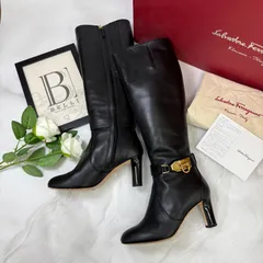 【 鑑定済み 】サルヴァトーレ フェラガモ 《 ラモス 》 5 D (22.5cm程度 ) ブラック ゴールド金具 レザー ロング ブーツ