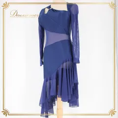 社交ダンス 衣装 ラテン ドレス ワンピース パーティ衣装 オールシーズン 紺 ネイビー系 アシンメトリー アシメ 無地 シンプル レース 透け感 エレガント 伸縮性 上品 胸パッド付き フェミニン 踊る 衣装 ドレスアップ イベント 2way 体型カバー