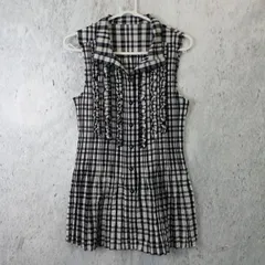 レディース シャツワンピース ギンガムチェック柄 ホワイト×ブラック サイズM フリル付き ノースリーブ □〇