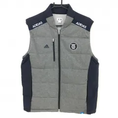 アディダス 中綿ベスト グレー×ネイビー ヘリンボーン風地模様 胸元ロゴ 裾ドローコード メンズ O/XG ゴルフウェア adidas