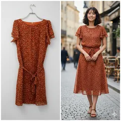 美品✨ インポートアンドセレクト Import & Select ひざ丈 ワンピース レディース Mサイズ シフォン 花柄 総柄 リボン 薄手 フリル フレア Aライン 裏地あり フェミニン 大人可愛い ナチュラル きれいめ カジュアル 昭和レトロ