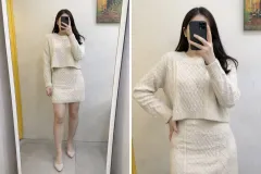 H&M ケーブルニット セットアップ | クロップドニット + ニットスカート | アイボリー