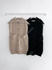 (当日) 8258 ニットロングベストカーディガン - ブラック ベージュ