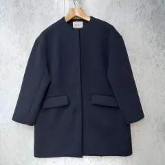 Mila Owen ミラオーウェン ノーカラー フラップポケット付き ポンチコート ロングコート ネイビー 1サイズ ◇〇☆