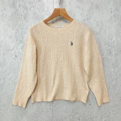 U.S. POLO ASSN. ユーエスポロアッスン ケーブルニット セーター ワンポイント刺繍 クルーネック シンプル ベージュ Lサイズ ◇〇