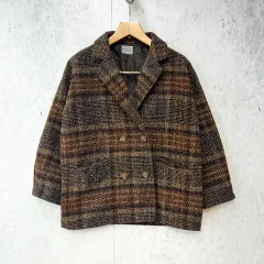 Classical Elf クラシカルエルフ チェック柄 ダブルジャケット コート ダブルボタン レトロ ミドル丈 ブークレー ブラウン Sサイズ ◇〇☆