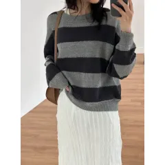 (当日※メルカリshop取引では対象外) 8632 ボーダー柄ニト - チャコール カーキ