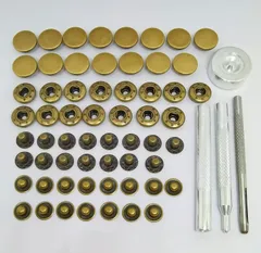 【在庫処分】ミライヤ レザークラフト バネ ホック打ち具セット 12mm 15組セット スナップ ボタン 穴あけポンチ 打ち具 打ち台 ハトメ抜き 手芸 ハンドメイド 革DIY （合計15組＋4点打ち具）