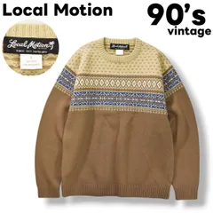 90s ヴィンテージ ローカルモーション ハワイ Local Motion HAWAII ウール ニット セーター クルーネック L ノルディック柄 総柄 バーズアイ ミックス ベージュ アメカジ ストリート メンズ