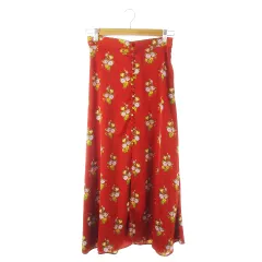 ザラウーマン ZARA WOMAN スカート フレア ロング マキシ 薄手 とろみ感 サテン 光沢感 釦 フロントスリット 花柄 XS 赤 レッド /CK29