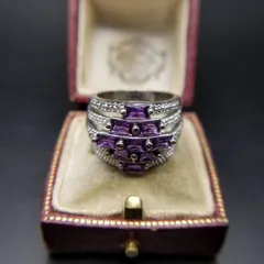 5連 ダイヤ型 デザイン スクエア パープル ストーン 幅広 オープン エレガント ヴィンテージ リング 指輪 ジュエリー 輸入 Y16-B