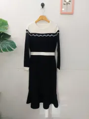 新品 ARIMA ブラック&ホワイト ニット ロング ONE PIECE 44 55