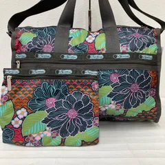 7759　LeSportsac　レスポートサック　 ボストンバッグ　2way　旅行　大容量　 ミディアムウィークエンダー　花柄　 総柄　グリーン✕ブラウン系　緑　茶　 ナイロン　軽量　鍵付き　ポーチ付き　 レディース