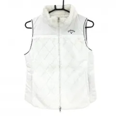 【美品】キャロウェイ 切替中綿ベスト 白×ネイビー 一部ファー ロゴプリント 袖口ライン レディース L ゴルフウェア Callaway