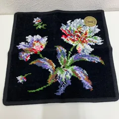 7777　美品　FEILER　フェイラー　ハンカチ　 ハンドタオル　花柄　ブラック系　 黒　シュニール織り　シール付き　 レディース