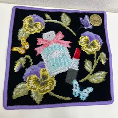 7784　美品　FEILER　フェイラー　ハンカチ　 ハンドタオル　パンセ　コスメ柄　 ブラック<!-利用不可文字-!>パープル系　黒　紫　 シュニール織り　シール付き　 限定ノベルティ　非売品　レディース