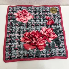 7766　美品　FEILER　フェイラー　ハンカチ　 ハンドタオル　ロージーツイード　 花柄　ツイード　グレー<!-利用不可文字-!>ピンク系　 シュニール織り　シール付き　レディース