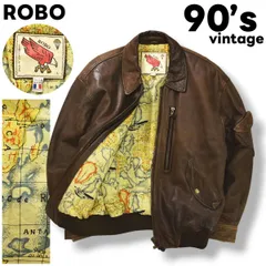 【本革】 90s ヴィンテージ ロボ ROBO フランス製 生地 羊革 ラム レザー ジャケット 革ジャン 中綿 ジャンパー L ブラウン x 総柄 地図柄 ベージュ アメリカン カジュアル ストリート メンズ