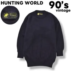 【上質】 90s ヴィンテージ 英国製 ハンティングワールド HUNTING WORLD ピュア ニュー ウール PURE NEW WOOL 100％ ウールマーク フロント ロゴ 3D ニット セーター S ネイビー レディース ♪