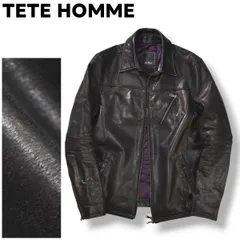 【本革】 テットオム TETE HOMME 牛革 カウハイド レザー ジャケット ジップアップ 革ジャン 裏地 中綿 キルティング 6 ブラック x パープル デザイナー モード カジュアル ウェア メンズ