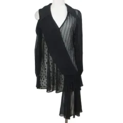 アディアム ADEAM 美品 切り替えシャツ ブラウス 39394 長袖 シースルー レース チュール ピンタック プルオーバー アシンメトリースリーブ オープンショルダー キーネック 2 M相当 黒 ブラック /X