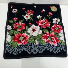 7783　美品　FEILER　フェイラー　ハンカチ　 ハンドタオル　アリエッタ　花柄　 レース　ブラック系　黒　シュニール織り　 大判　シール付き　レディース