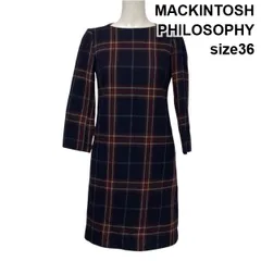 ◆ マッキントッシュフィロソフィー MACKINTOSH PHILOSOPHY チェック柄ワンピース 膝丈 七分袖 ネイビー 毛100 36 S 7号 レディース S5Y544