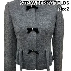 ◆未使用 ストロベリーフィールズ STRAWBERRY-FIELDS ノーカラージャケット 長袖 リボン グレー 毛 2 M 9号 レディース K5Y013