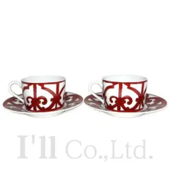 HERMES　エルメス　ガダルキヴィール　ティーカップ＆ソーサー　2客セット　P011016P　陶器　ホワイト　レッド　インテリア食器　テーブルウェア　エスプレッソ　デミタス　コーヒーカップ　皿【中古】【81582】