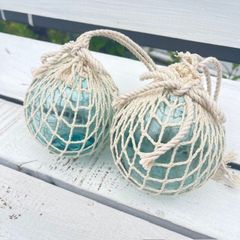レトロ】ガラス 浮き玉 3個セット 網付き ビン玉 漁具 インテリア 骨董