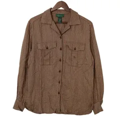 【希少サイズ6 】LAUREN RALPH LAUREN  ローレンラルフローレン レーヨン100％ チェック柄 開襟シャツ 長袖 茶ブラウン サイズ6(L相当)