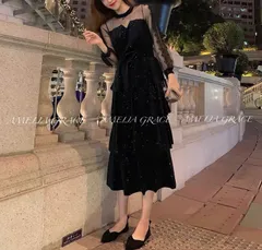 ベロア ロングワンピース 長袖 シースルー 結婚式 パーティードレス お呼ばれ