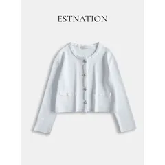 ESTNATION エストネーション 洗える クルーネック ニットジャケット ホワイト コットン混 カーディガン風 羽織 きれいめのサムネイル