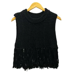 スタイルミキサー STYLEMIXER ニットベスト クルーネック フリンジ ショート丈 F 黒 ブラック