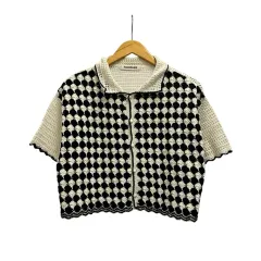 マカフィー MACPHEE トゥモローランド ニット セーター カーディガン 半袖 総柄 リネン混 コットン混 12-02-31-02702 S 白 ホワイト 黒 ブラック